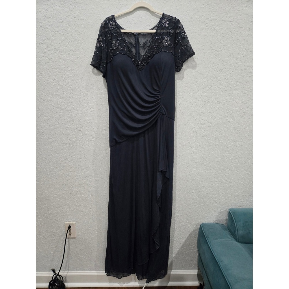 Xscape Evening Gown Beaded Lace Overlay Ruched Waist Navy Blue Size 18‎